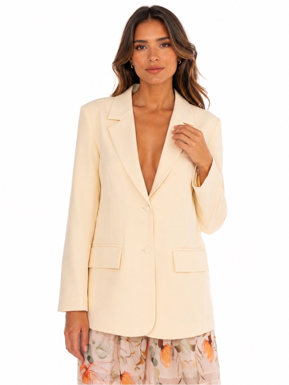 Cream Single-Breasted Womens Blazer Jacket